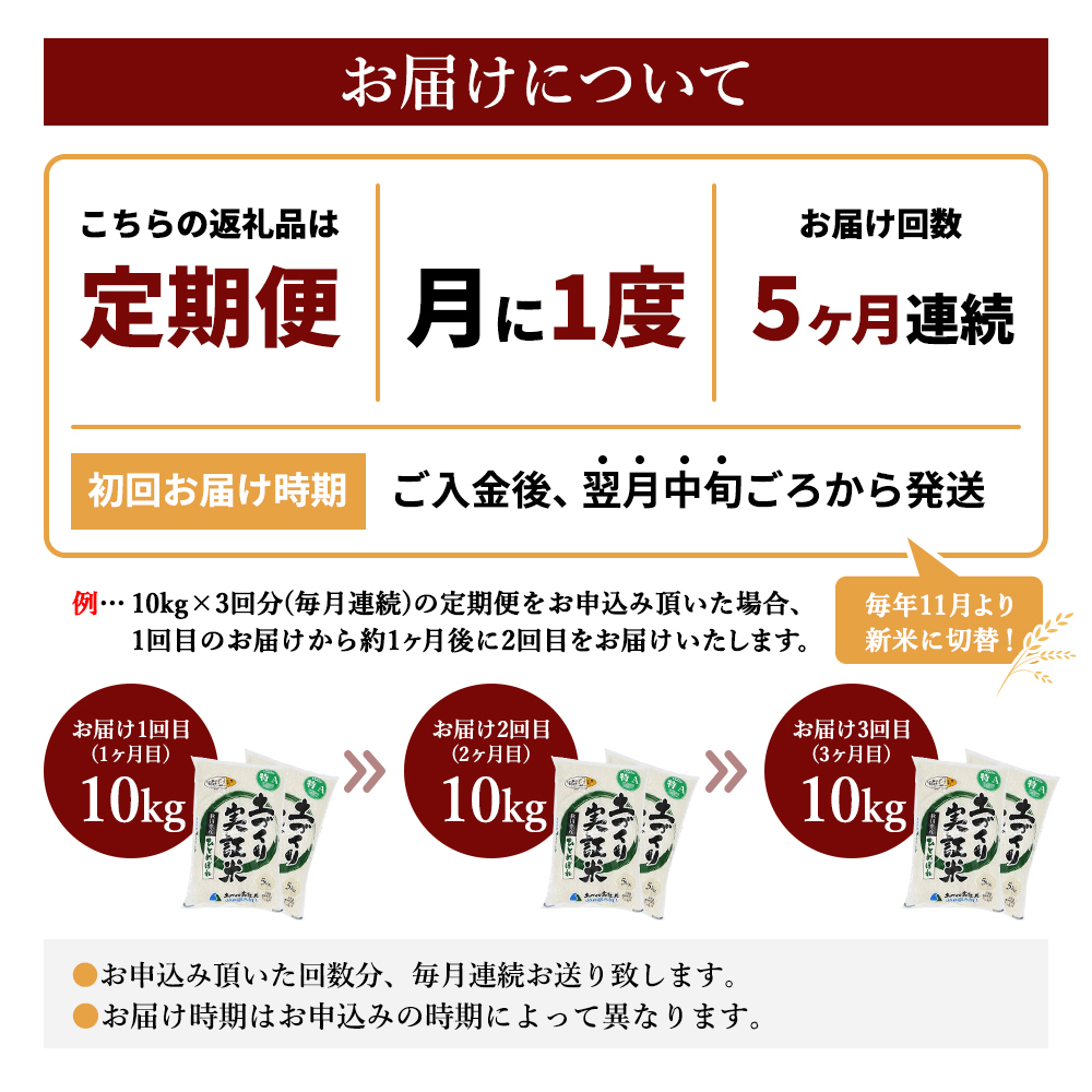 米 定期便 全5回 秋田県産 ひとめぼれ 10kg (5kg×2)×5回 計50kg
