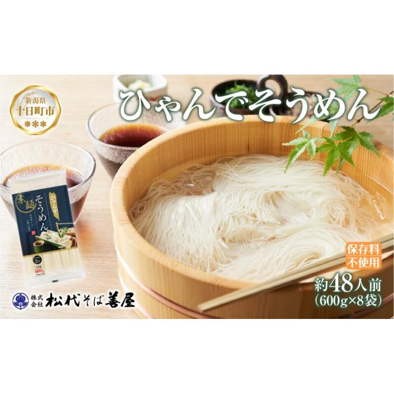 ひゃんで そうめん 600g 8袋 約48人前 素麺 ソーメン 干しそうめん にゅうめん ファミリー 麺 乾めん 自家用 お中元 お歳暮 お取り寄せ 備蓄 保存 便利 ギフト 越後 魚沼 常温 松代そば善屋 新潟県 十日町市