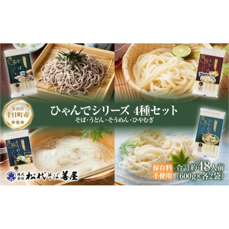 ひゃんで 乾麺4種セット 600g 各2袋 計8袋 約48人前 そば うどん そうめん ひやむぎ  蕎麦 饂飩 素麺 冷や麦 麺 乾めん 自家用 お中元 お歳暮 贈り物 お取り寄せ 備蓄 保存 便利 ギフト 松代そば善屋 新潟県 十日町市