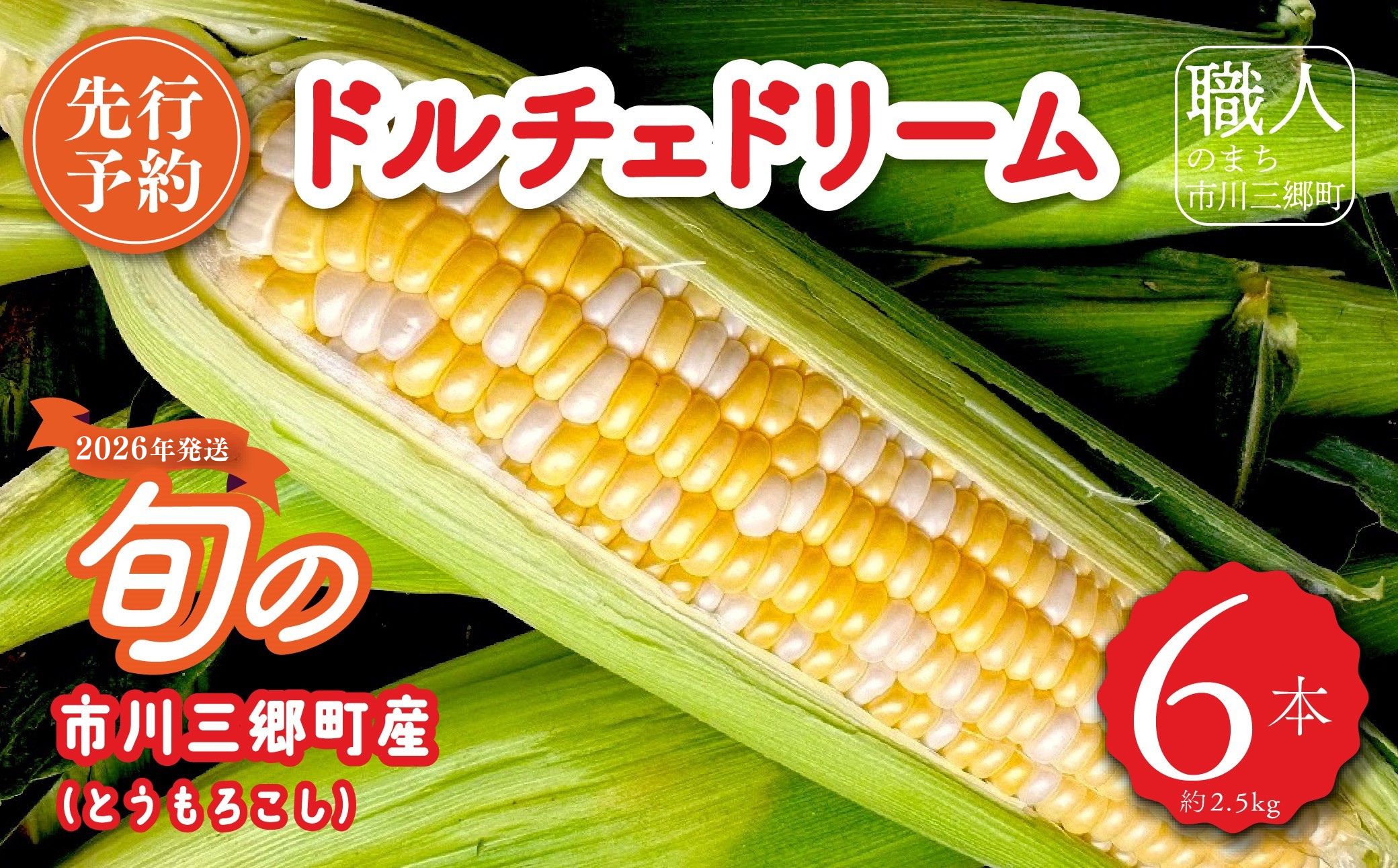 2026年6月中旬から発送【朝採り】ドルチェドリーム(とうもろこし)　６本入り（約2.5kg）　ヒルサイドオーチャード[5839-2088]