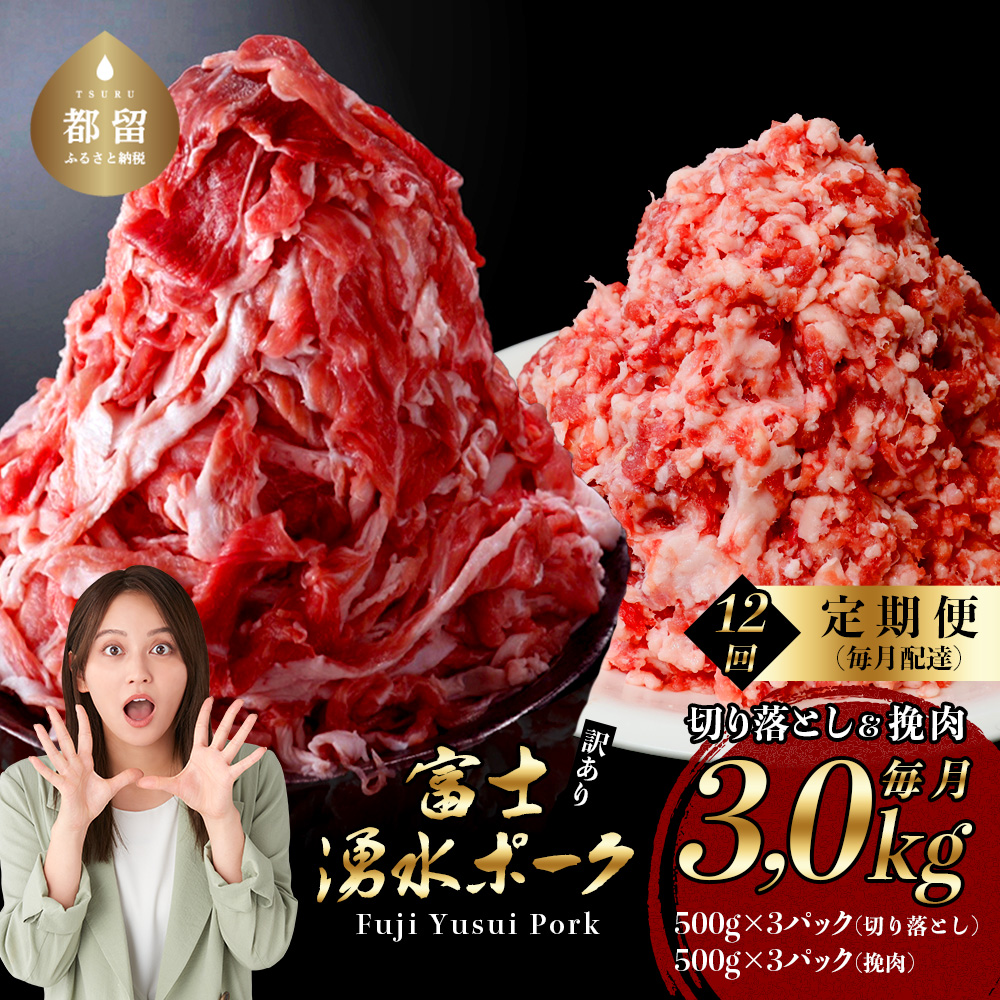 ＜定期便＞12回プラン 幻の銘柄豚 富士湧水ポーク 毎月美味しいお肉が届く！ 切り落とし1.5kg+挽肉1.5kg（保存に便利な真空パック） お肉 肉 豚肉 定期便 切り落とし ひき肉 豚