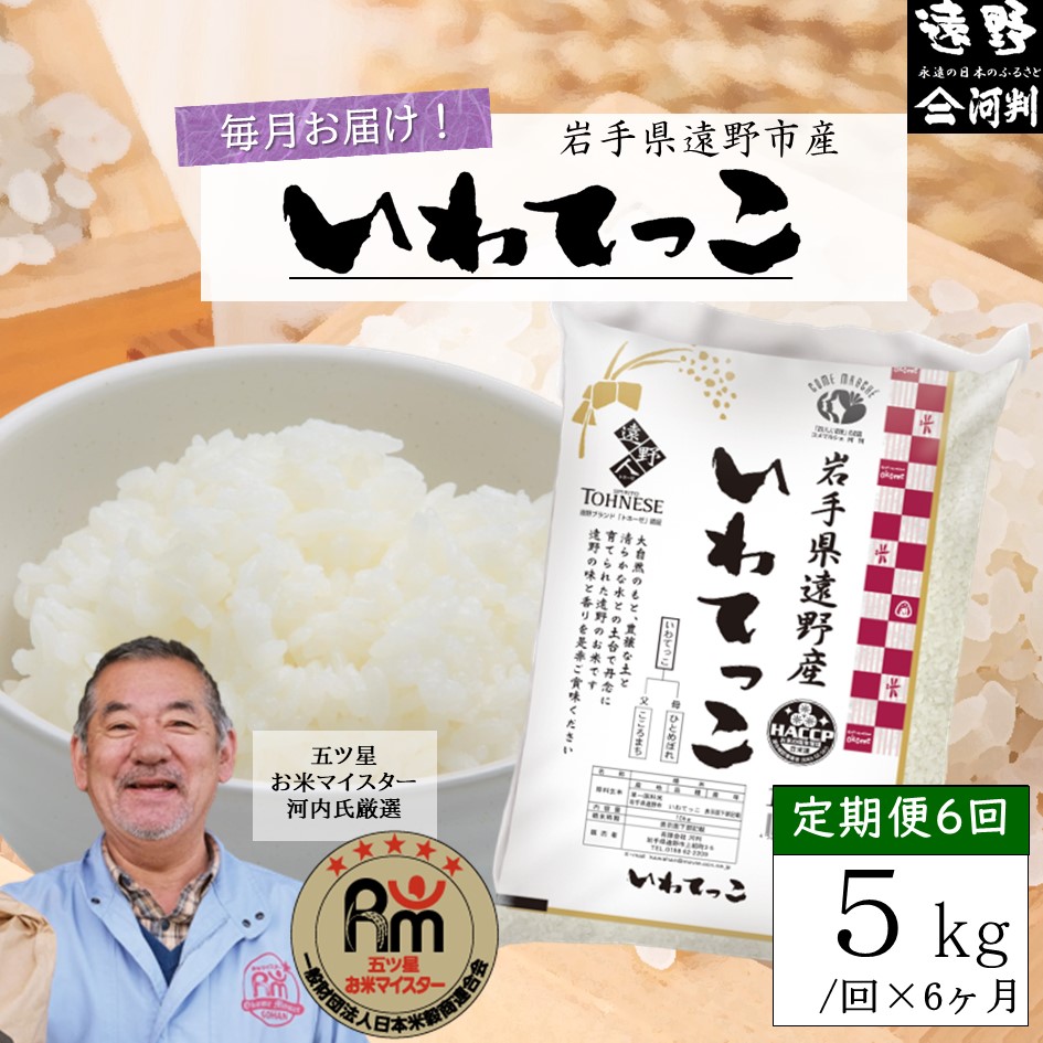 【毎月定期便】五つ星お米マイスター厳選 遠野産 いわてっこ 精米 5kg 全6回【 コメマルシェ 河判 】
