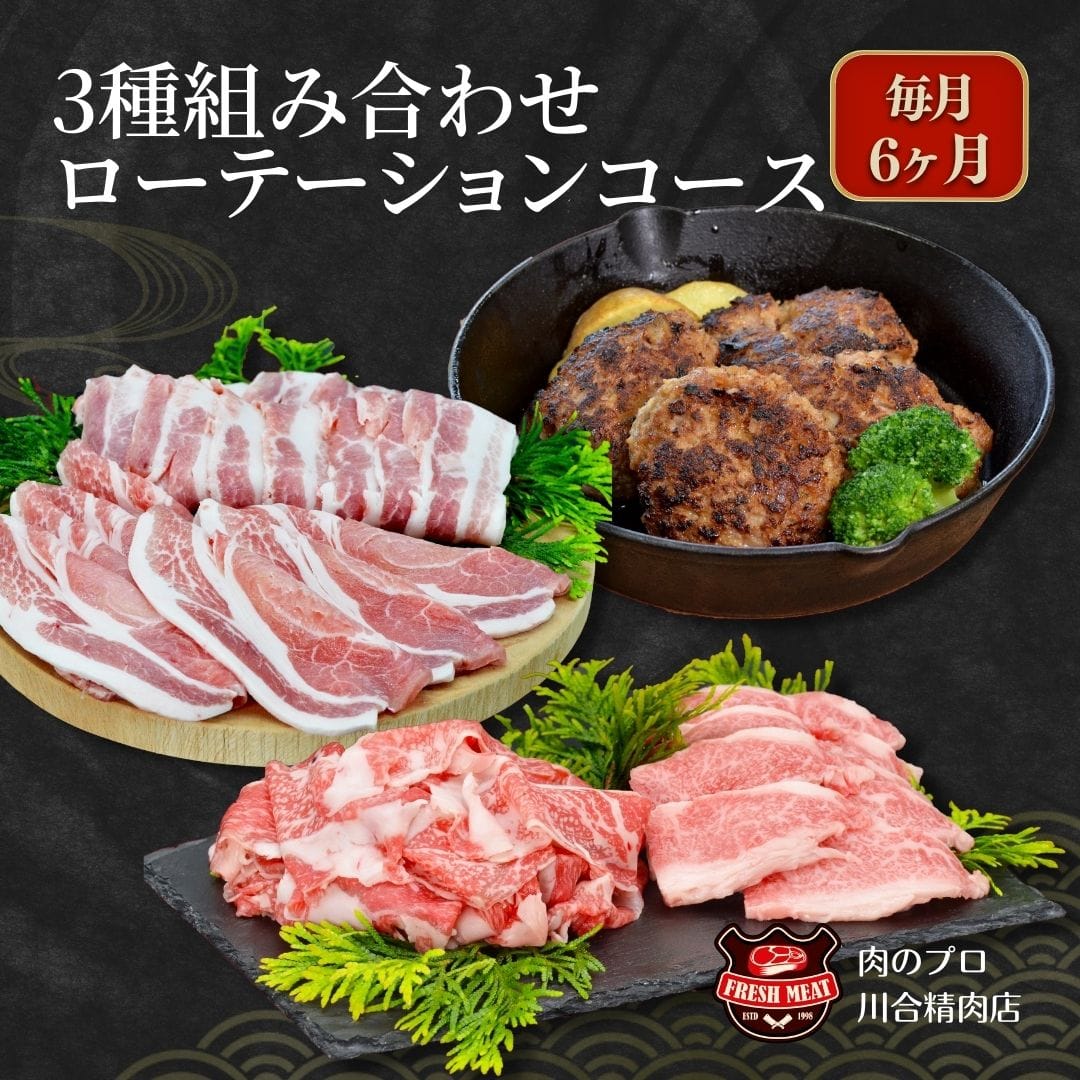 【6ヵ月コース】「3種の組み合わせが毎月ローテーション」 パック 牛バラ 豚バラ 餃子 ハンバーグ 冷凍 定期便 定期 毎月届く 牛肉 豚肉 ハンバーグ バラエティ 人気 ランキング おすすめ グルメ ギフト 福島 ふくしま 田村 田村市 たむら 川合精肉店　N09-M60-01