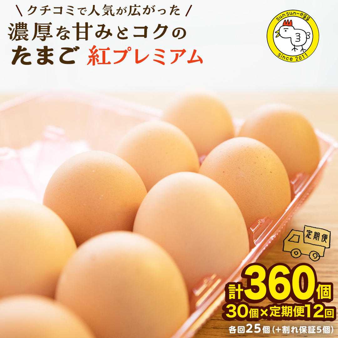 【 定期便 】【 全12回 コース 】 紅プレミアム 卵 30個 （ 25個 入り ＋ 割れ保障 5個 ） 独自飼料 濃厚 おいしい玉子 玉子 たまご サンサンエッグ タンパク質 朝食 [CX09-NT]