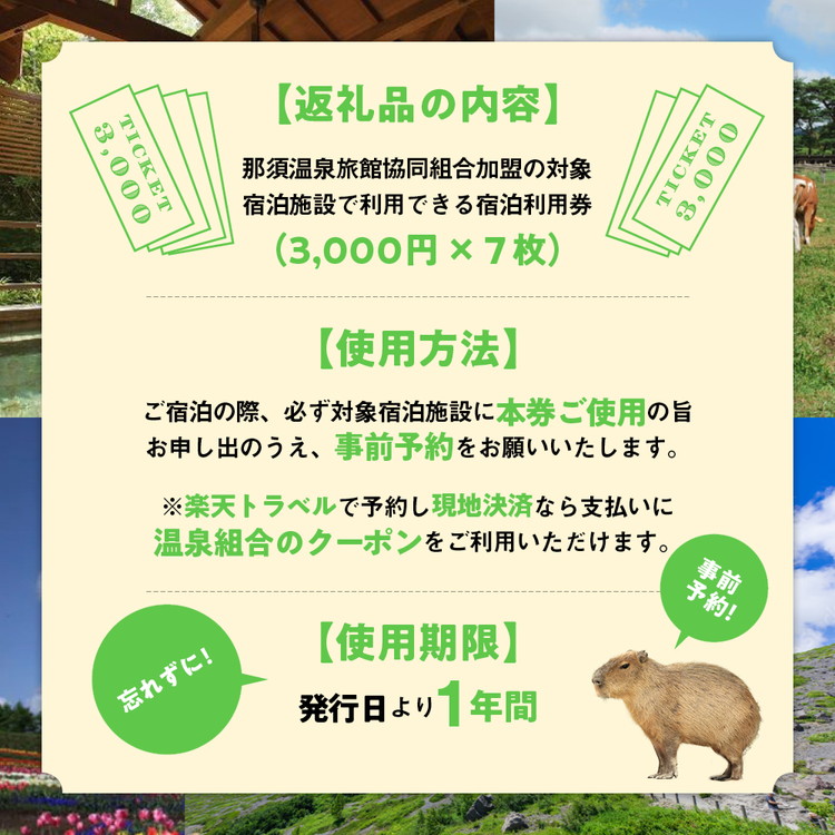 那須温泉旅館協同組合 ご宿泊利用券 21,000円分（3,000円×7枚）〔F-6〕｜宿泊 旅行 チケット 宿泊券 温泉 露天風呂 旅行券 ホテル  観光 国内旅行 那須 栃木県 那須町 | 栃木県那須町 | JRE MALLふるさと納税