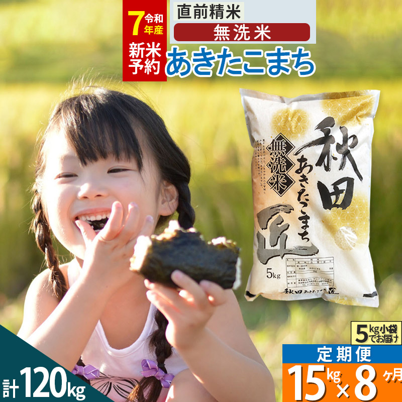 【無洗米】＜令和7年産 新米予約＞《定期便8ヶ月》秋田県産 あきたこまち 15kg (5kg×3袋) ×8回 15キロ お米  新米