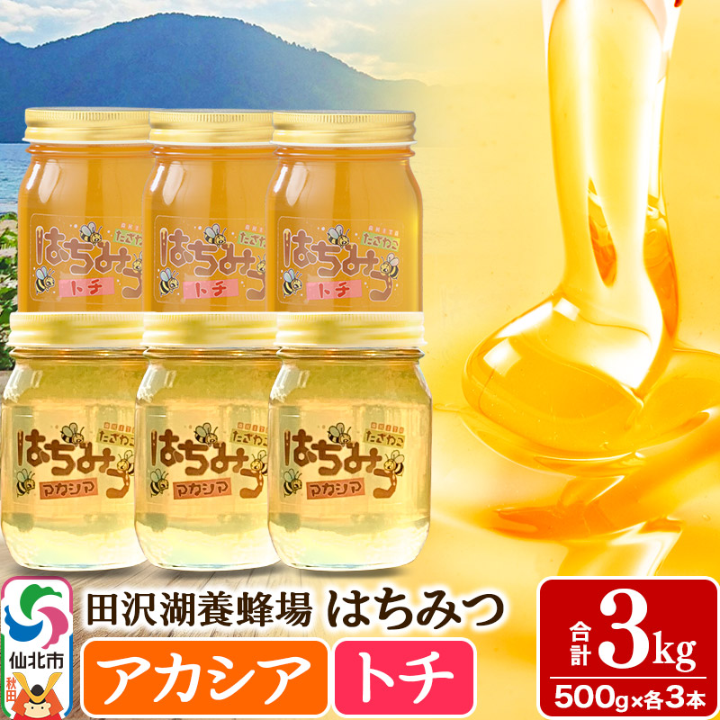 秋田県産はちみつ（アカシア・トチ）500g×各3本 合計3kg 化粧箱入り 詰め合わせセット 田沢湖養蜂場