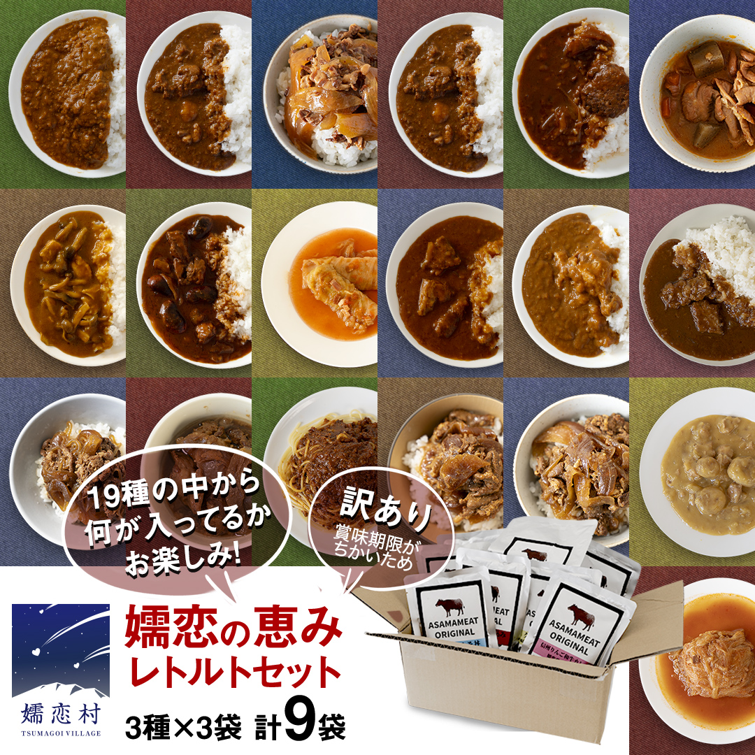 [9月下旬発送開始] [ 訳あり ]おまかせ 嬬恋 レトルトセット3種×3袋(合計9袋) 訳あり商品 フードロス 食べ比べ 温めるだけ 災害対策 ローリングストック 非常食 防災 キャンプ 丼 詰合せ [AH036tu]