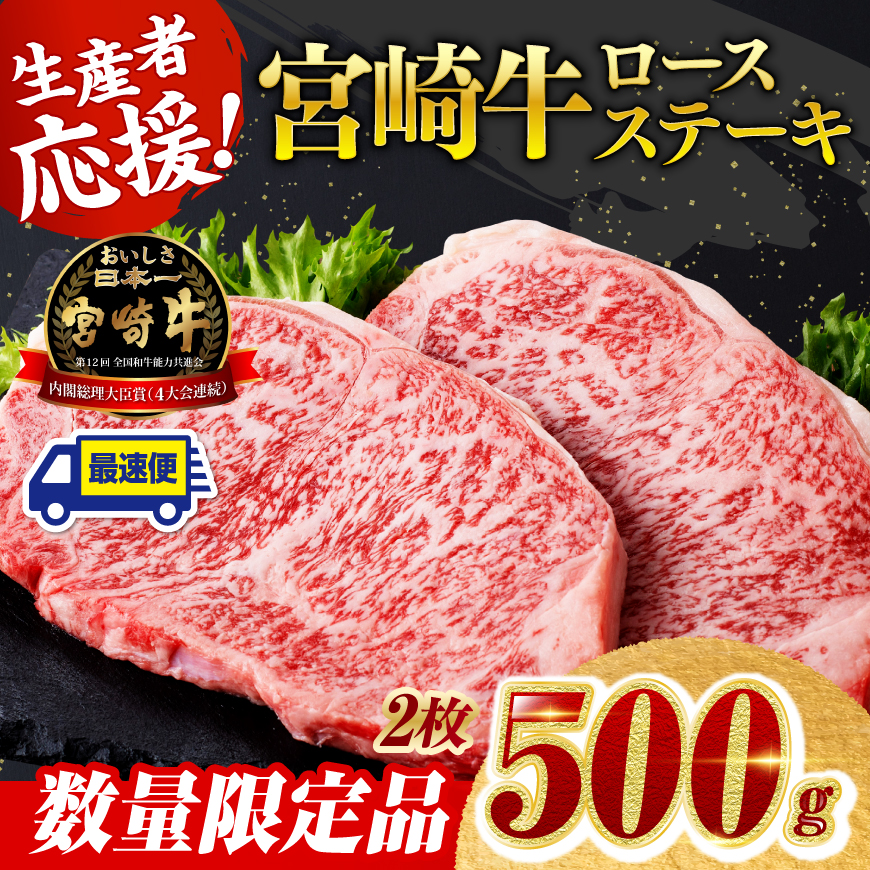 ※最速便※ 生産者応援!宮崎牛ロースステーキ2枚 計500g 肉 牛肉 黒毛和牛[C00608]