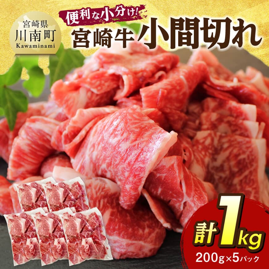 [便利な小分け]宮崎牛 小間切れ 計1kg(200g×5P) 牛肉 宮崎牛[C07404]