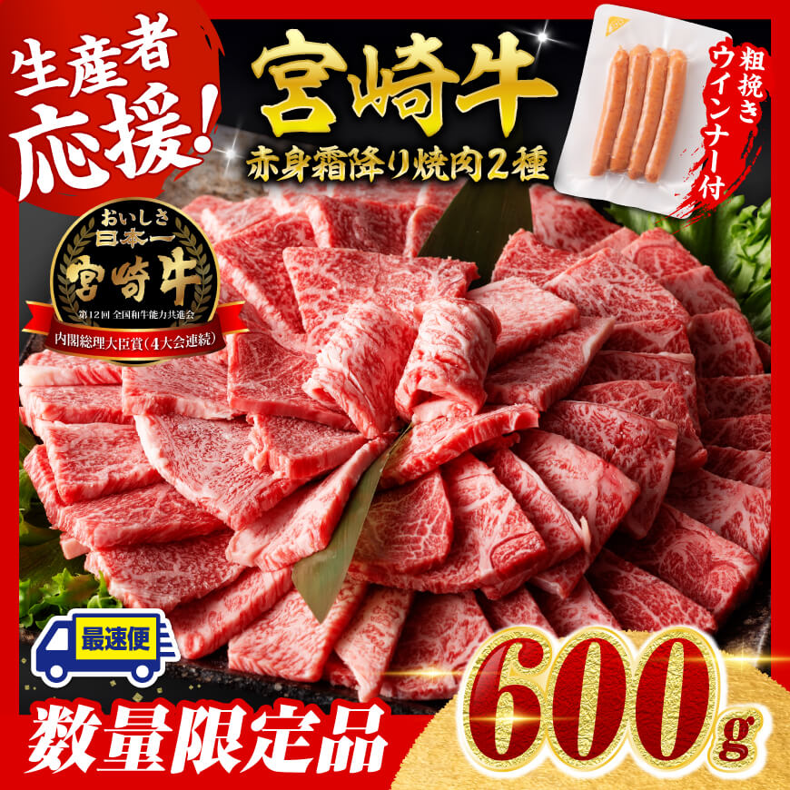 [令和7年9月発送分]宮崎牛 赤身・霜降り焼肉2種600g+粗挽きウインナー 肉 牛肉 宮崎牛[C00619r709]