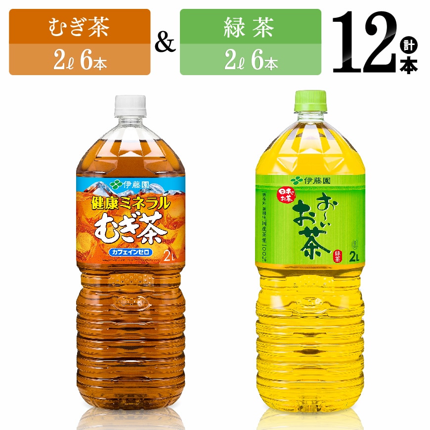 伊藤園むぎ茶(2L)&緑茶(2L)(PET)12本 お茶 麦茶 のみもの[F7363]