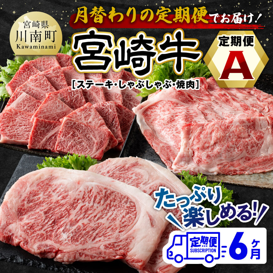 [6ヶ月定期便]宮崎牛定期便A(ステーキ・しゃぶしゃぶ・焼肉)全6回 牛肉 宮崎牛[E11133t6]