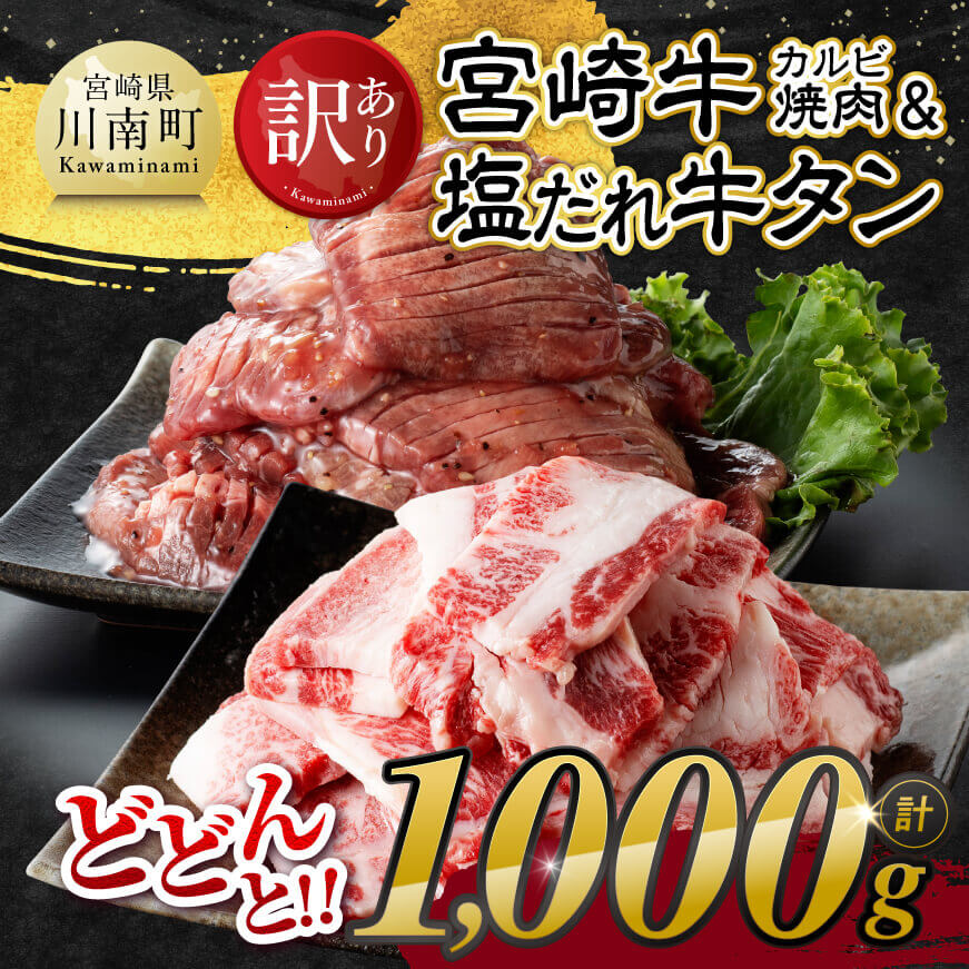 [訳あり] 宮崎牛カルビ焼肉&塩だれ牛タン 計1,000g 肉 焼肉 牛肉 [E11148]