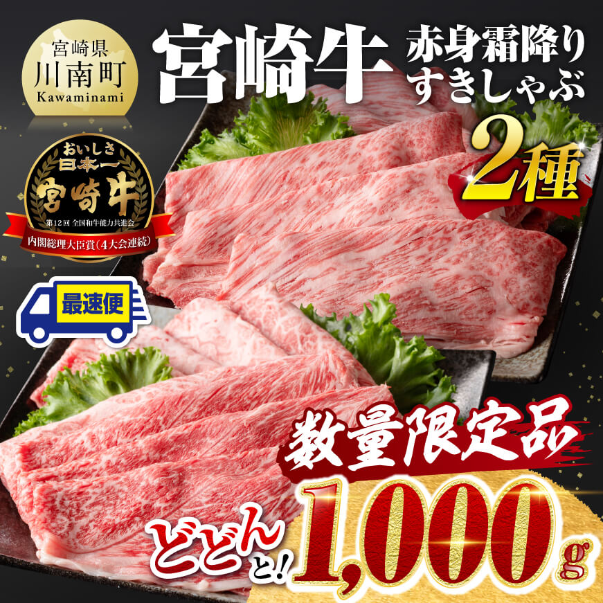 数量限定宮崎牛赤身霜降りすきしゃぶ2種1,000g 肉 牛肉 焼肉[D0634]