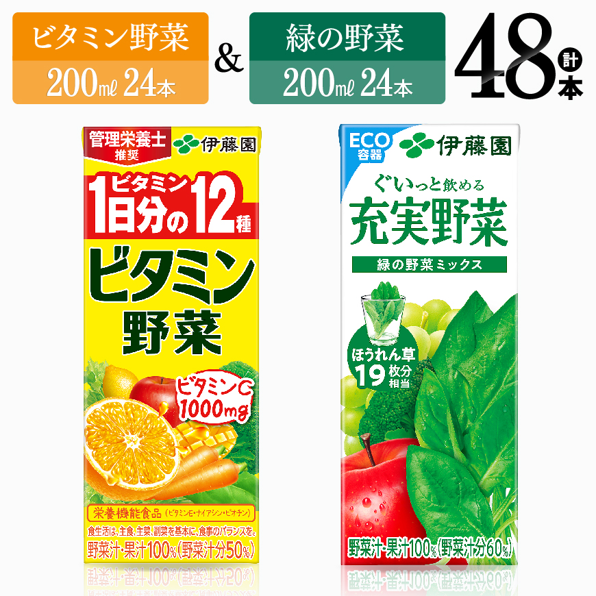 ビタミン野菜24本+緑の野菜24本(紙パック)[ 伊藤園 飲料類 野菜 ビタミン野菜 緑の野菜 ジュース セット 詰め合わせ 飲みもの ][D07310]