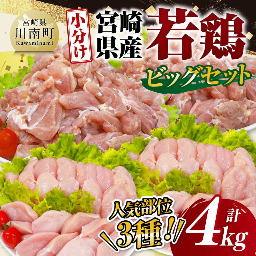 [ 小分け ] 宮崎県産 若鶏 4kg ビッグ セット もも むね ささみ 鶏肉 [D11613]