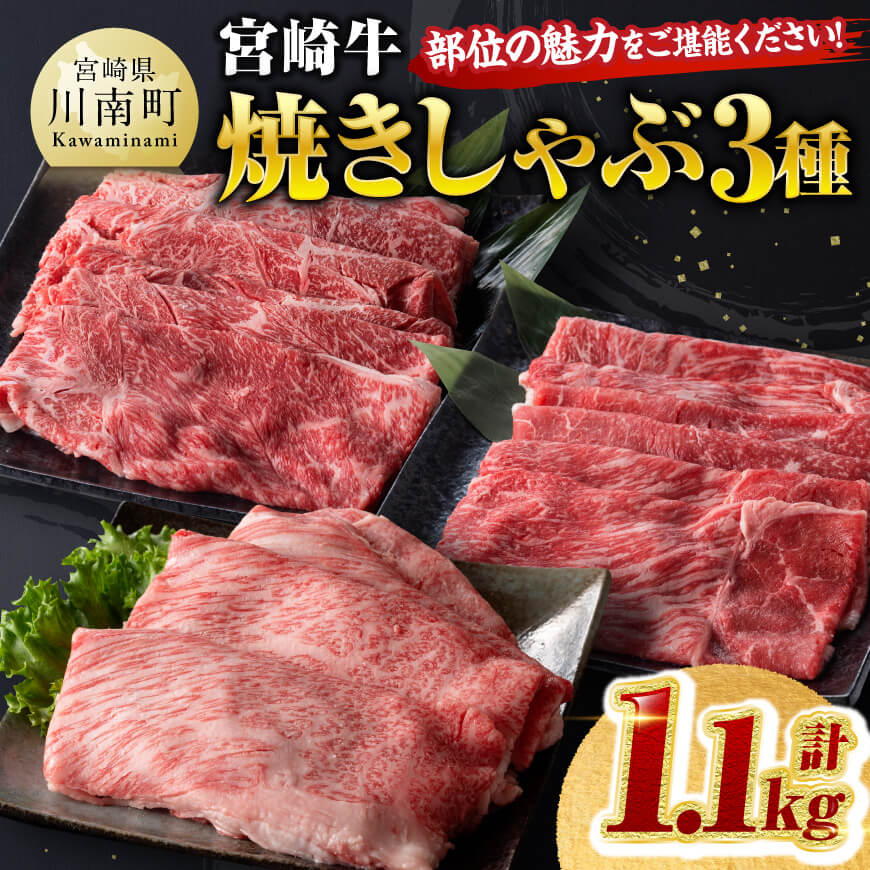 宮崎牛 焼きしゃぶ 3種 計1.1kg 牛肉 焼きしゃぶ すき焼き[D00604]