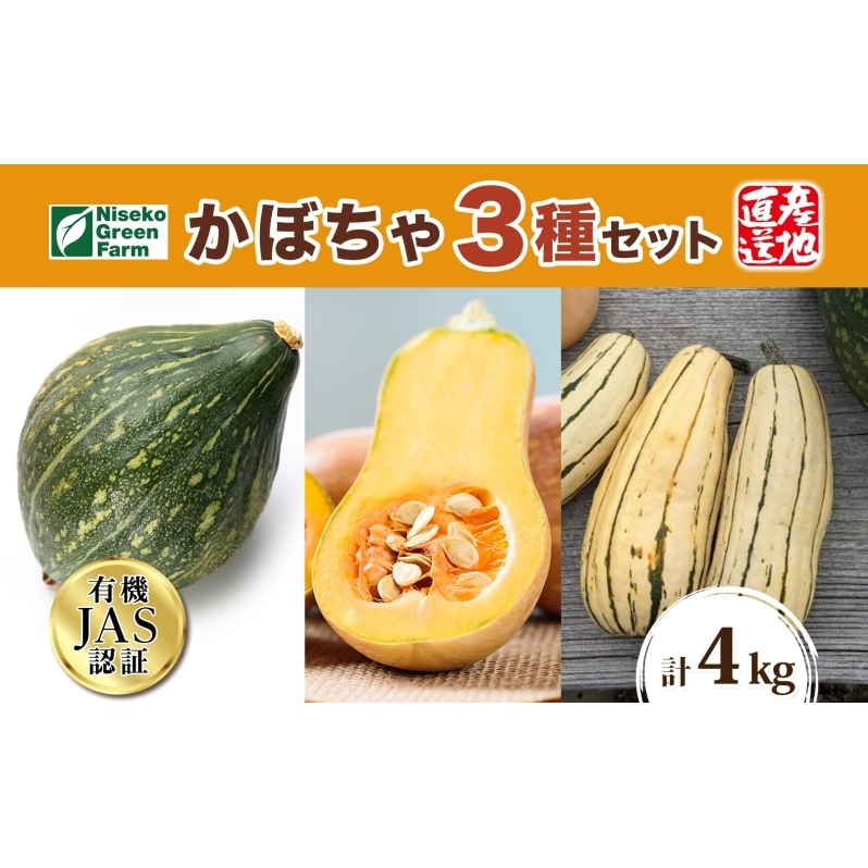 北海道 オーガニック かぼちゃ3種 計約4kg カボチャ デリカタ ミニバターナッツ ロロン 南瓜 有機野菜 野菜 有機栽培 JAS 産直 産地直送 国産 ニセコグリーンファーム 送料無料 有機かぼちゃ 