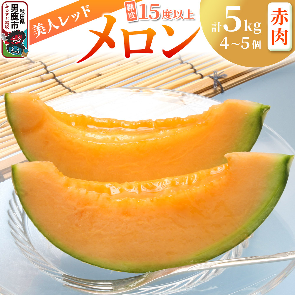 【先行受付】美人レッドメロン 4~5個 計5kg 甘みじゅうぶんの赤肉メロン 糖度15度以上 ミツバチ交配 秋田県 男鹿市 JAなまはげ