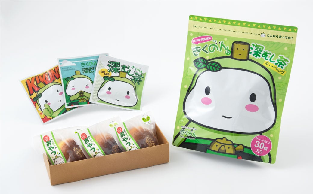 きくのんがいっぱいふるさと納税限定セット ティーバッグ 柄3種 1袋 （5g×30入） おやつ3個セット 名刺･缶バッジ付き お茶  緑茶 深蒸し 飲料 お茶パック 静岡茶
