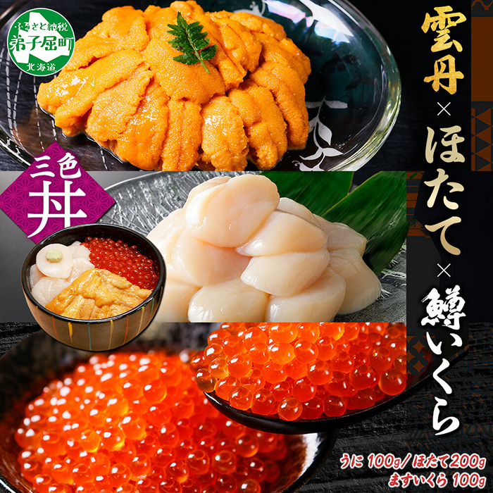 3430. 雲丹 100g ホタテ 200g 鱒いくら醤油漬け 100g 海鮮3種セット チリ産 ウニ ミョウバン不使用 うに  鱒いくら いくら 冷凍 イクラ 鱒 ほたて 生ほたて 北海道産 帆立 冷凍 海鮮 海鮮丼 刺身 つまみ おつまみ おかず ごはんのおとも 北海道 弟子屈町