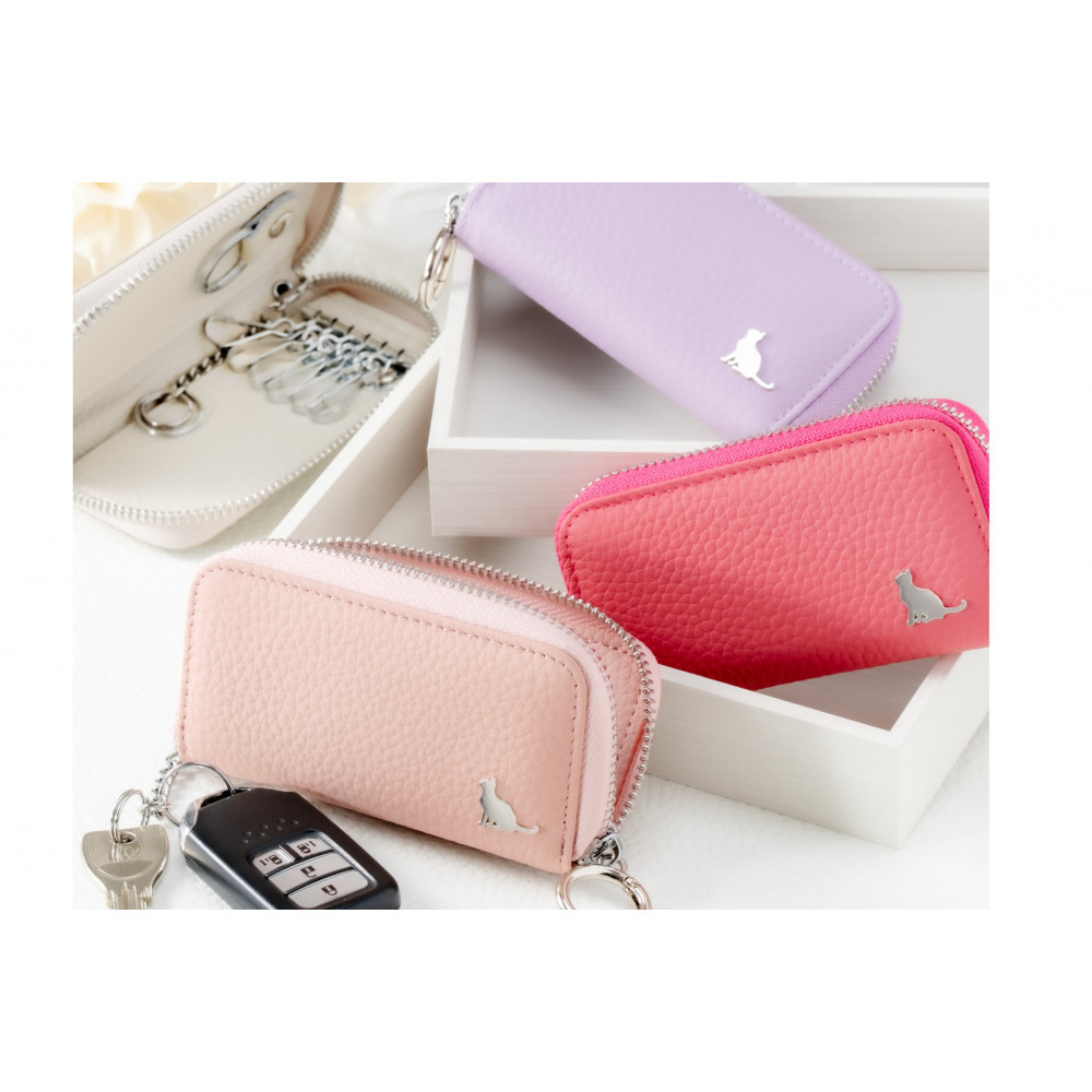 【スマートキー対応 カードが入る本革6連キーケース】<濃いピンク> おしゃれ 可愛い コンパクト スリム 猫 レザー