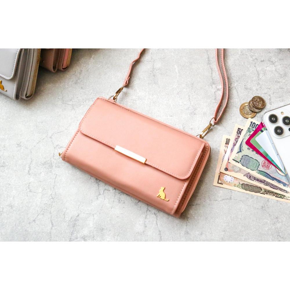 スマホショルダー 財布 ねこ ショルダーウォレット スマホポシェット スマホポーチ 猫 【ピンク】