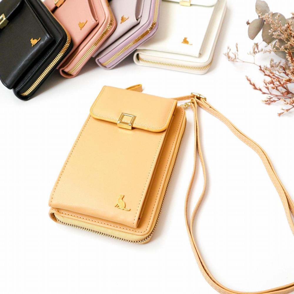 お財布ショルダー スマホショルダー スマホポーチ 猫 スマホポシェット 【イエロー】