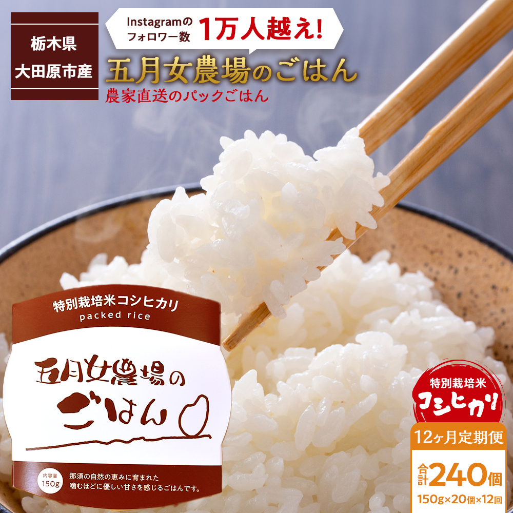 【12か月定期便】農家直送のパックごはん☆五月女農場のごはん(150g×20個)