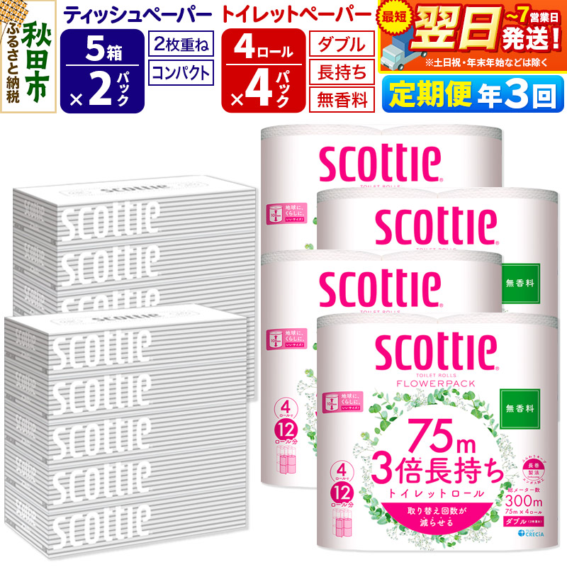 最短翌日発送《4ヶ月ごとに3回お届け》定期便 トイレットペーパー スコッティ 3倍長持ち 無香料 4ロール(ダブル)×4P ＆ ティッシュペーパー スコッティ10箱(5箱×2P) 秋田市オリジナル