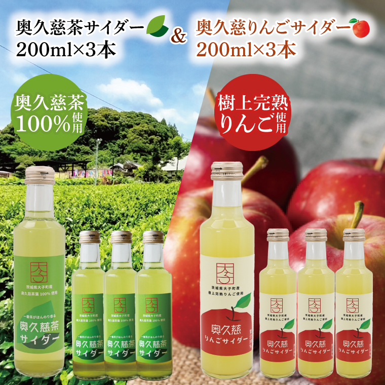 【数量限定】奥久慈りんご・奥久慈茶サイダー 200ml×各3本 計6本セット|茨城県 大子町 林檎 緑茶 ジュース 飲料(AV015)