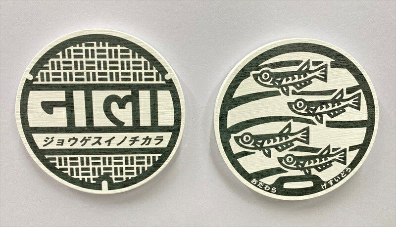 マンホールデザイン珪藻土コースター 2枚セット デザイン：「ジョウゲスイノチカラ」「メダカ」【 マンホール 小田原マンホール 小田原巡り マンホールモチーフ 神奈川県 小田原市 】