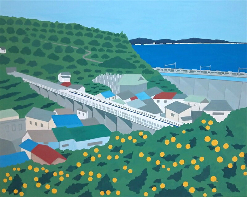 原画「石橋からの景色」【キャンパス原画 キャンパス 小田原 石橋　風景 みかん 山 相模湾 新幹線 803x1000x20mm 絵画 風景絵画 アート作品 屋内装飾 神奈川県 小田原市 】