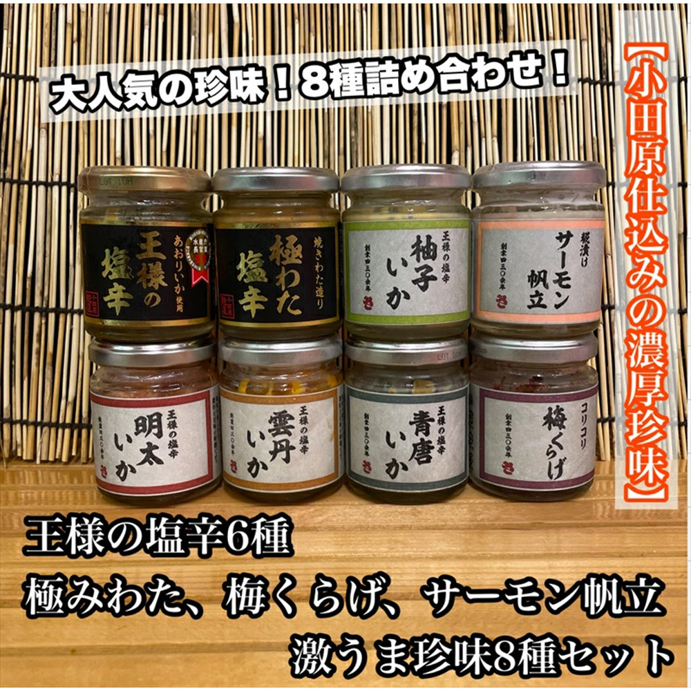 海鮮珍味 8種 各1本【王様の塩辛：焼きわた 明太子 ゆず 雲丹 青唐】【極みわたの塩辛】【梅くらげ】【サーモン帆立】【イカ 塩辛 珍味 おつまみ 惣菜 海鮮 いかの塩辛 珍味 お取り寄せ ギフト 御中元 お中元 お歳暮 父の日 母の日 贈り物 日本酒 焼酎】【神奈川県小田原市早川】