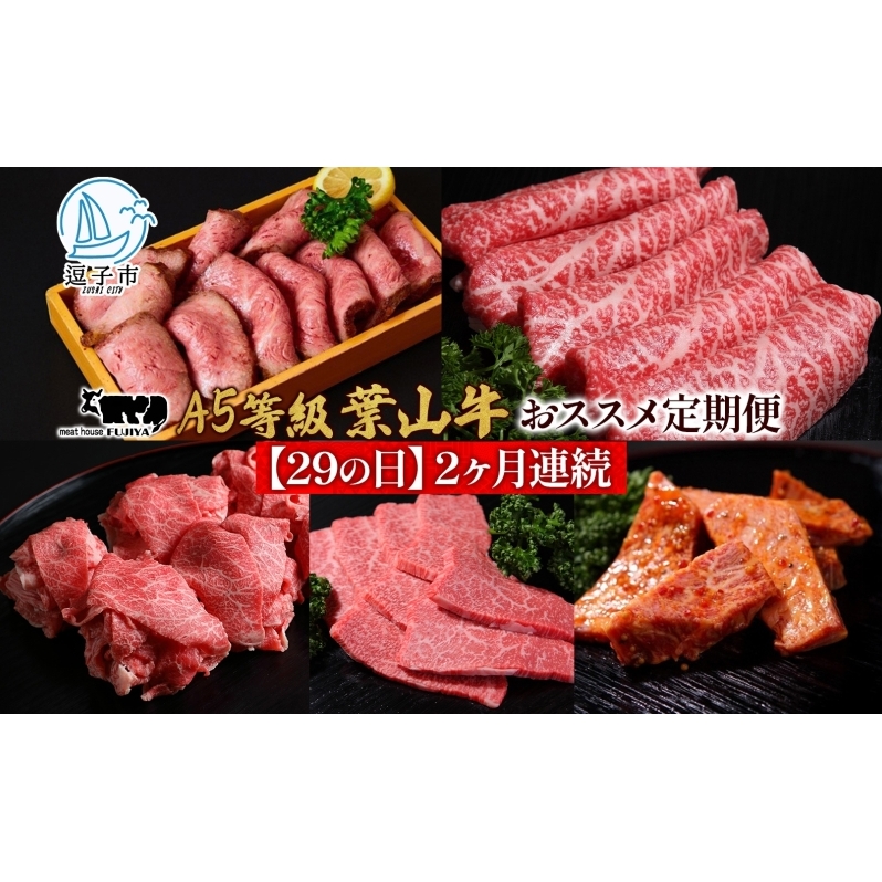 【29の日定期便】2ヶ月連続 葉山牛 定期便 カタログ ギフト カルビ切り落し ジューシー 黒毛和牛 霜降り 赤身 肉 焼く 家族 贈り物 受賞 うし 和牛 冷凍 良質 冷凍便 送料無料 冨士屋牛肉店 神奈川県 逗子市