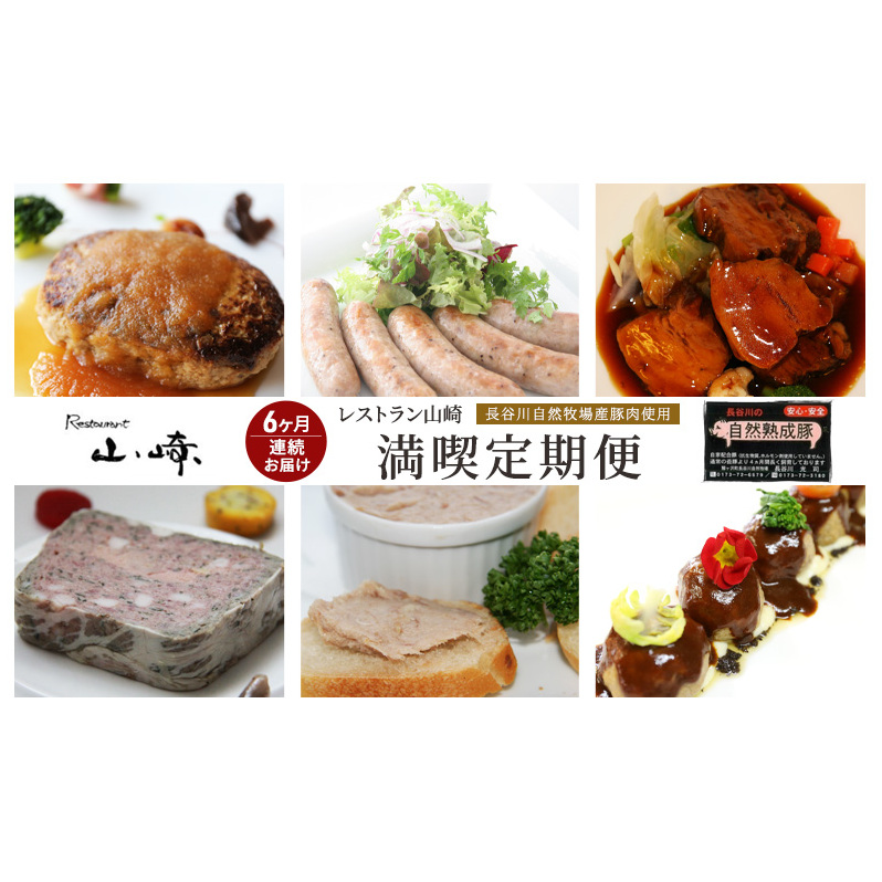 【6ヶ月連続お届け】【長谷川自然牧場産豚肉使用】【お家レストラン】レストラン山崎 満喫定期便  熟成豚肉使用 ハンバーグ2パック/ソーセージ【5本入り】2パック/ミートボール2パック/リエット2個/シノワ風2パック/熟成豚肉のパテ2個