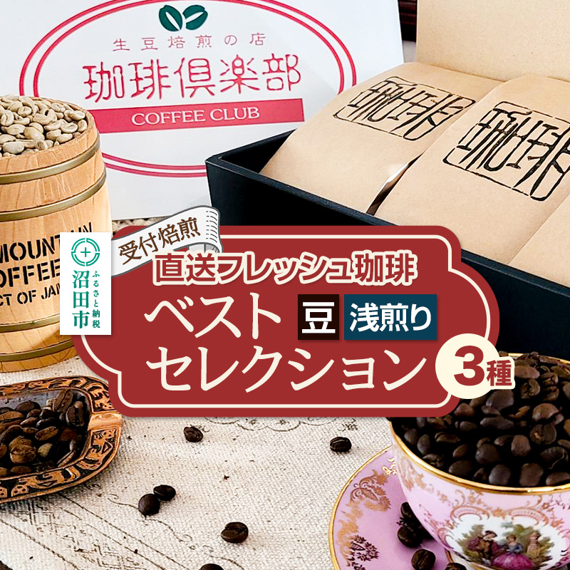 《受付焙煎》直送フレッシュ珈琲 ベストセレクション【豆/浅煎り】各200g×3種 計600g 珈琲倶楽部 沼田店
