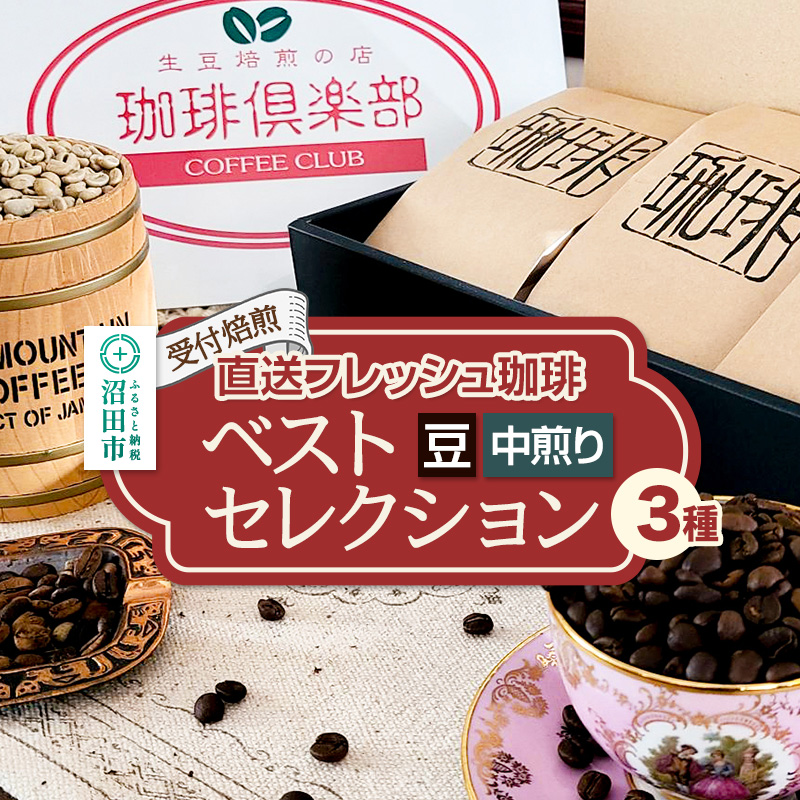 《受付焙煎》直送フレッシュ珈琲 ベストセレクション【豆/中煎り】各200g×3種 計600g 珈琲倶楽部 沼田店