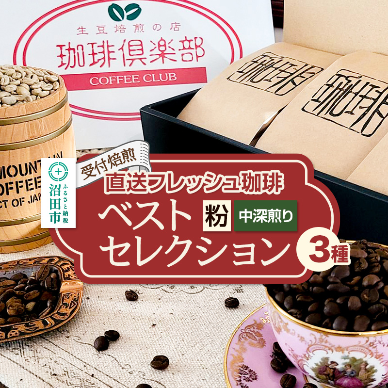 《受付焙煎》直送フレッシュ珈琲 ベストセレクション【粉/中深煎り】各200g×3種 計600g 珈琲倶楽部 沼田店