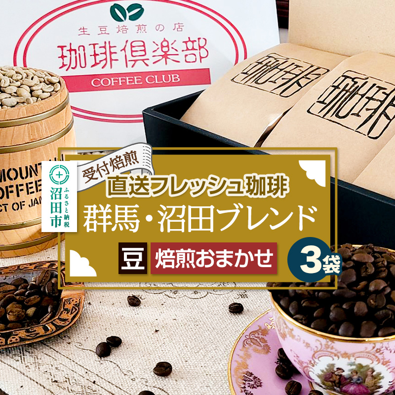 《受付焙煎》直送フレッシュ珈琲 群馬・沼田ブレンド【豆/焙煎度合いの指定はできません】各200g×3種 計600g 珈琲倶楽部 沼田店
