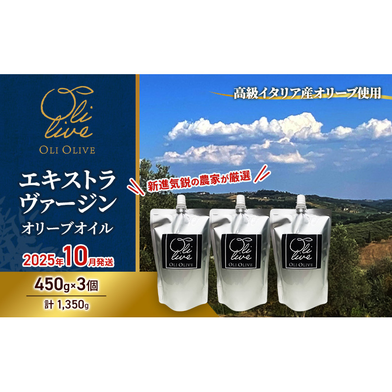 高級イタリア産 エキストラ・ヴァージン・オリーブオイル 450g×3個【2025年10月中旬より順次発送】調味料 油 オリーブ油 食用油 静岡県 袋井市