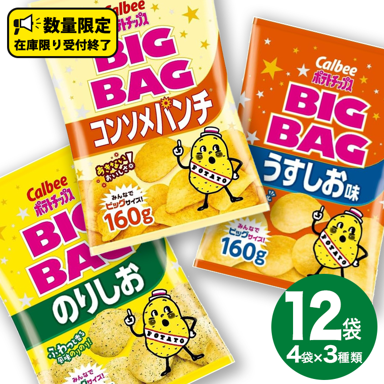 カルビー ポテトチップス BIGBAG 160g 3種 各4袋セット (計 12袋 ) うすしお ・ のりしお ・ コンソメパンチ ポテチ お菓子  おかし 大量 スナック おつまみ ジャガイモ じゃがいも まとめ買い 数量限定 | 茨城県牛久市 | JRE MALLふるさと納税