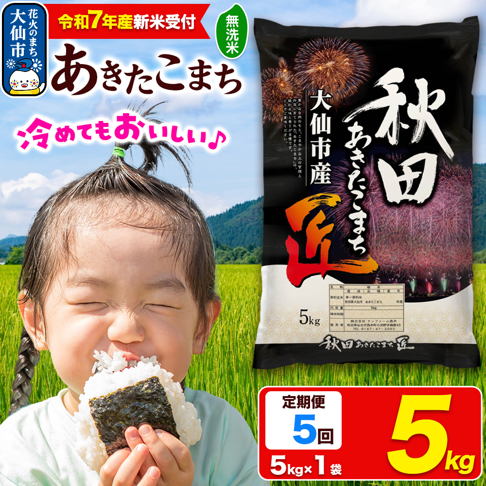 ＜令和7年産 新米受付＞《定期便5ヶ月》米【無洗米】秋田県大仙市産 あきたこまち 精米 5kg 令和7年産