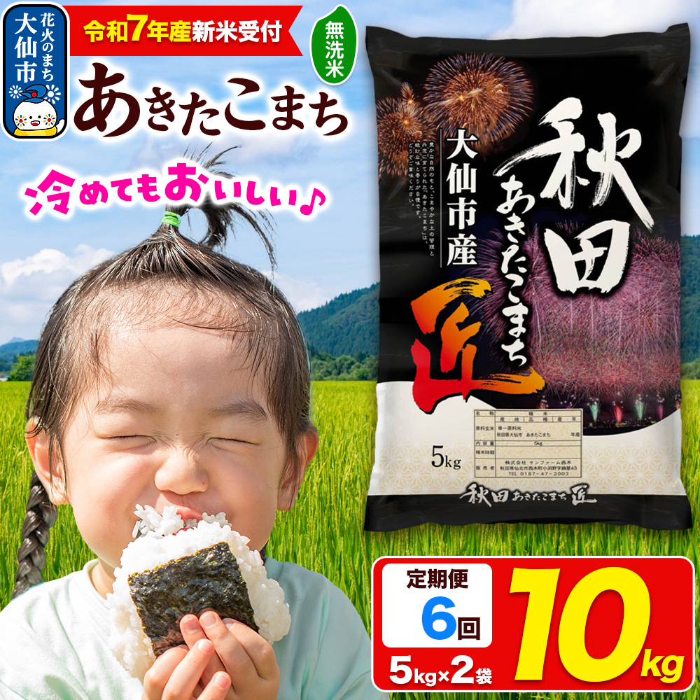 ＜令和7年産 新米受付＞《定期便6ヶ月》米【無洗米】秋田県大仙市産 あきたこまち 精米 10kg（5kg×2袋）令和7年産