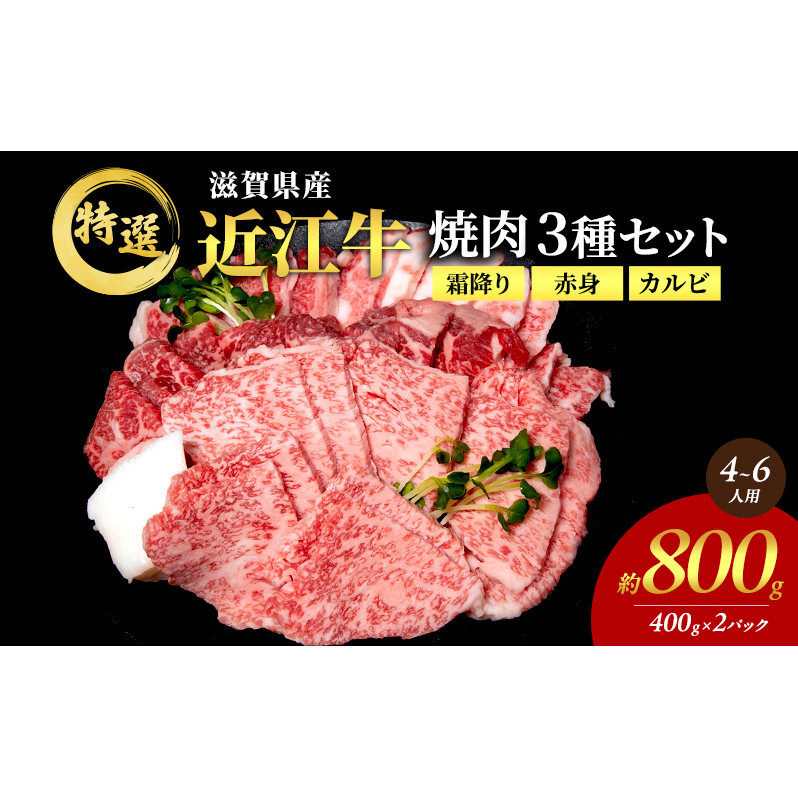 【大容量！】近江牛 特選 焼肉 3種盛り 約800g(4～6人用)　国産　牛肉　牝牛　ブランド牛　2パック　滋賀県　豊郷町　BBQ　バーベキュー