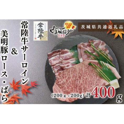 【茨城県共通返礼品】【常陸牛A5ランク・美明豚ステーキ焼肉セット】常陸牛サーロイン200ｇ＋美明豚200ｇ（ロース100ｇ・ばら100ｇ）（KCK-34）