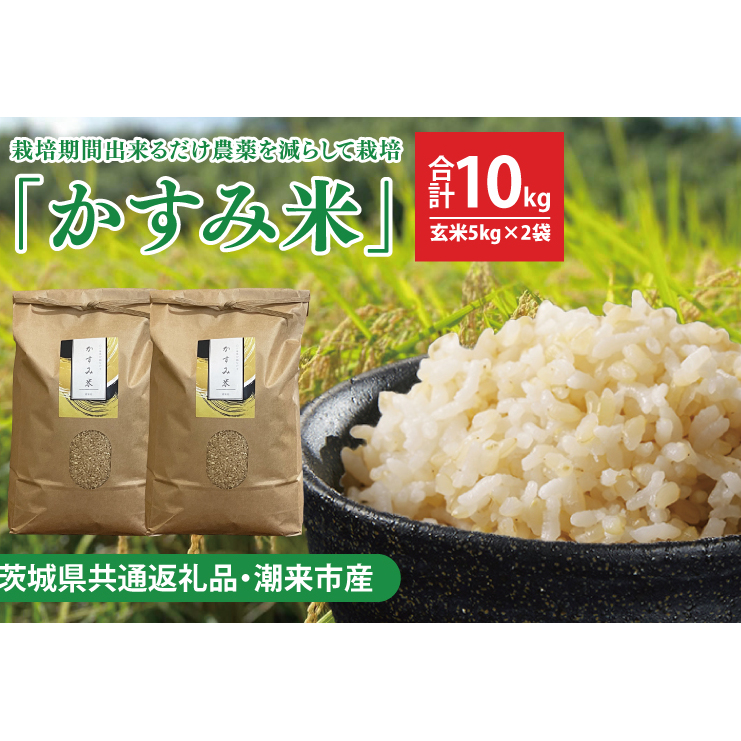 【茨城県共通返礼品・潮来市産】【先行予約】令和7年産新米 栽培期間出来るだけ農薬を減らして作る「かすみ米」(コシヒカリ)玄米10kg 【げんまい 減農薬 こしひかり おいしい おこめ 安心 安全 健康】(KBE-110)