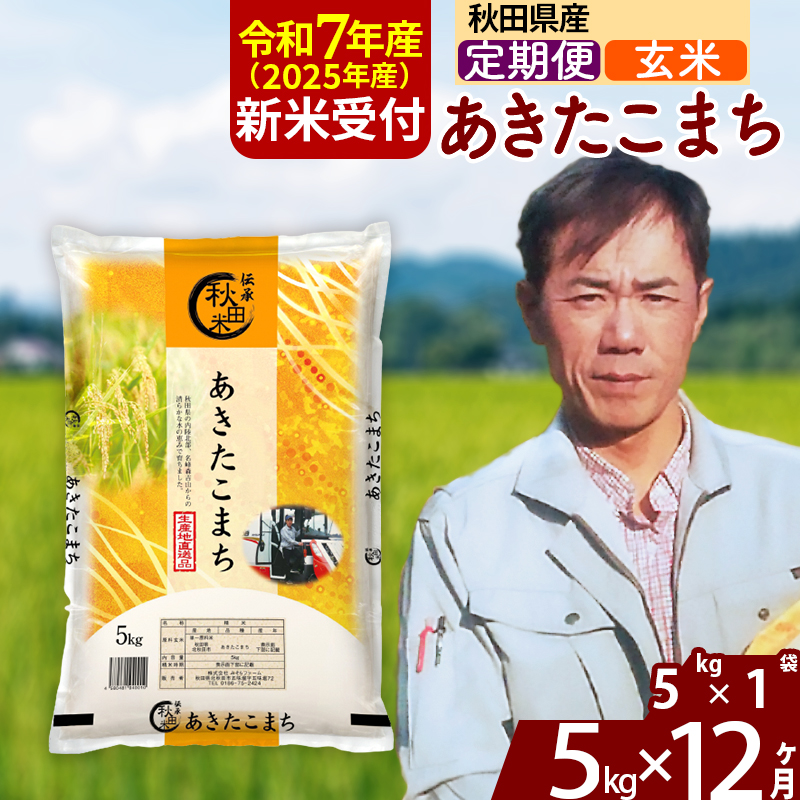 ※令和7年産 新米予約※《定期便12ヶ月》秋田県産 あきたこまち 5kg【玄米】(5kg小分け袋) 2025年産 お届け周期調整可能 隔月に調整OK お米 みそらファーム