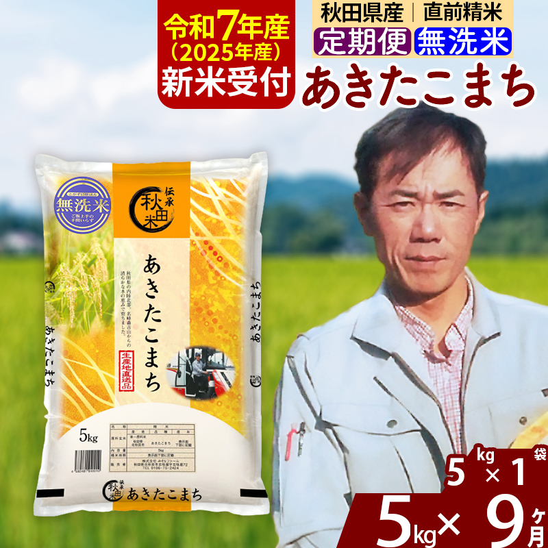 ※令和7年産 新米予約※《定期便9ヶ月》秋田県産 あきたこまち 5kg【無洗米】(5kg小分け袋) 2025年産 お届け周期調整可能 隔月に調整OK お米 みそらファーム